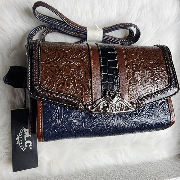 Vintage 90s MC Marc Chantal Navy and Brown Tooled Leather Crossbody bag - Picture 2 of 15